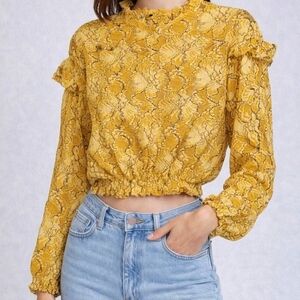 Zara lace crop top, romantic blouse, mustard yellow, ruffle sleeve, Large